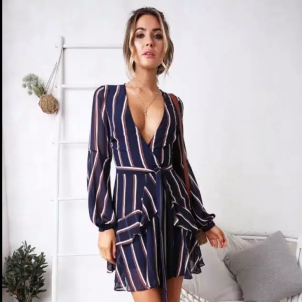 Casual Striped V Neck Long Sleeve Dress
